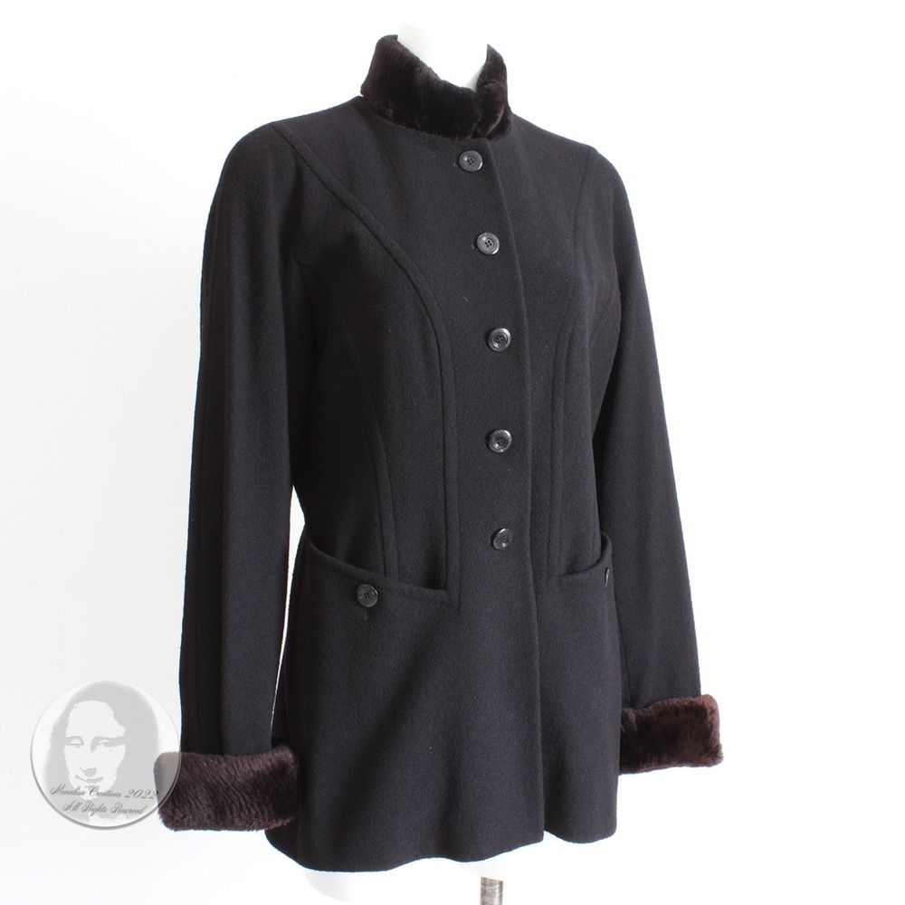 Escada Jacket Coat Black Wool Blend Removable Sheared Beaver Fur Trim Vintage 40